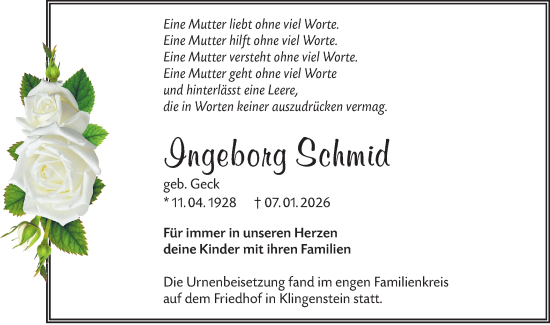 Traueranzeige von Ingeborg Schmid von SÜDWEST PRESSE Ausgabe Ulm/Neu-Ulm