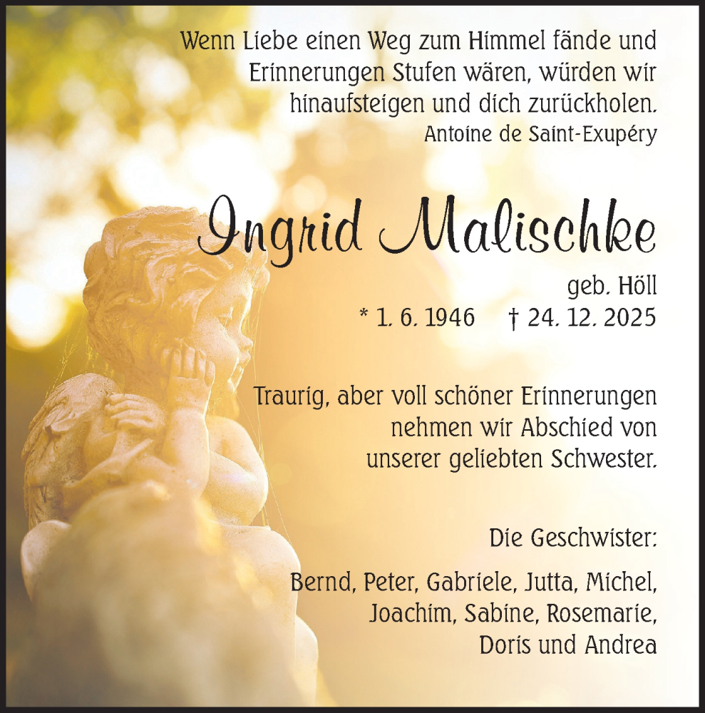  Traueranzeige für Ingrid Malischke vom 02.01.2026 aus Schwäbische Tagblatt