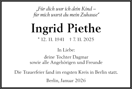 Traueranzeige von Ingrid Piethe von Hohenloher Tagblatt/Hohenloher Tagblatt