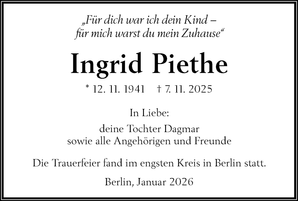  Traueranzeige für Ingrid Piethe vom 07.01.2026 aus Hohenloher Tagblatt/Hohenloher Tagblatt