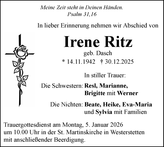 Traueranzeige von Irene Ritz von SÜDWEST PRESSE Ausgabe Ulm/Neu-Ulm