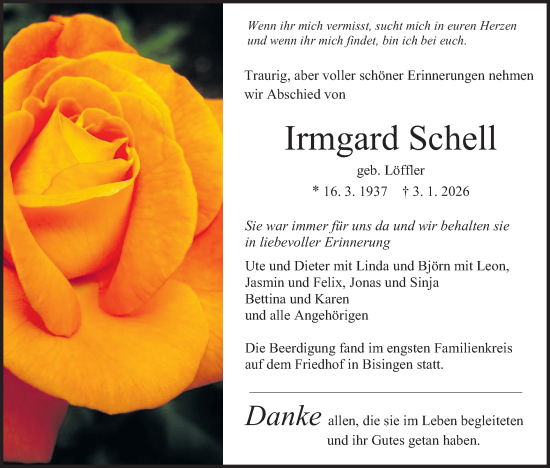 Traueranzeige von Irmgard Schell von SÜDWEST PRESSE Zollernalbkreis/Hohenzollerische Zeitung