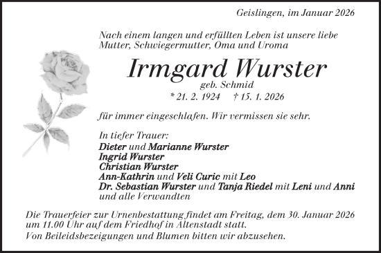 Traueranzeige von Irmgard Wurster von Geislinger Zeitung