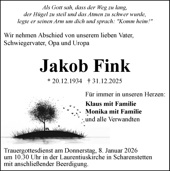 Traueranzeige von Jakob Fink von SÜDWEST PRESSE Ausgabe Ulm/Neu-Ulm