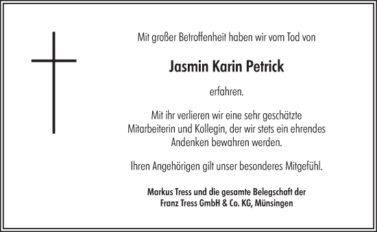 Traueranzeige von Jasmin Karin Petrick von Alb-Bote/Metzinger-Uracher Volksblatt