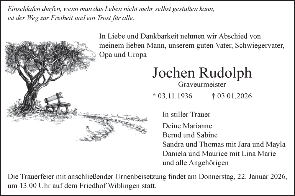  Traueranzeige für Jochen Rudolph vom 10.01.2026 aus SÜDWEST PRESSE Ausgabe Ulm/Neu-Ulm