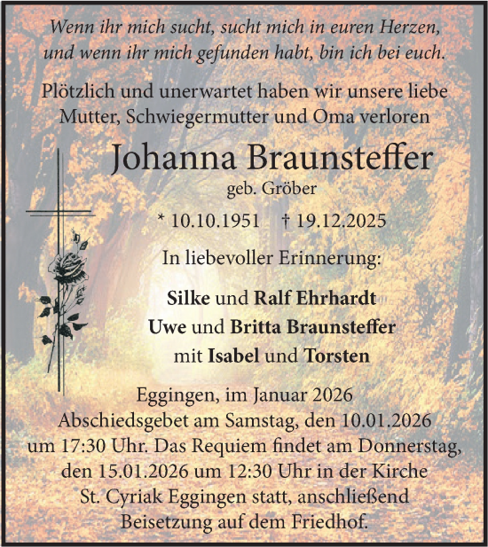 Traueranzeige von Johanna Braunsteffer von SÜDWEST PRESSE Ausgabe Ulm/Neu-Ulm