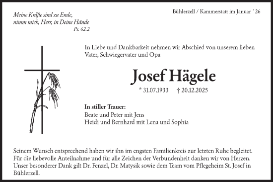 Traueranzeige von Josef Hägele von Haller Tagblatt