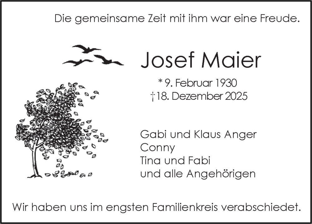  Traueranzeige für Josef Maier vom 17.01.2026 aus SÜDWEST PRESSE Ausgabe Ulm/Neu-Ulm
