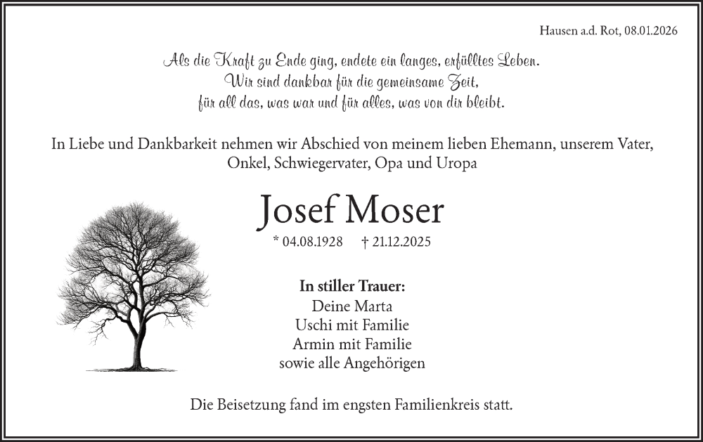  Traueranzeige für Josef Moser vom 08.01.2026 aus Rundschau Gaildorf
