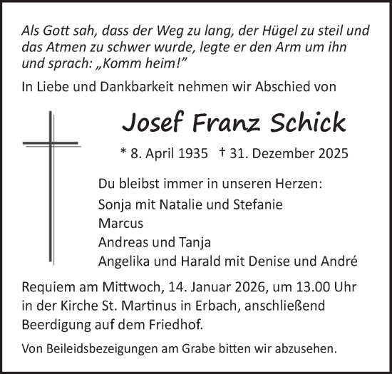 Traueranzeige von Josef Franz Schick von SÜDWEST PRESSE Ausgabe Ulm/Neu-Ulm