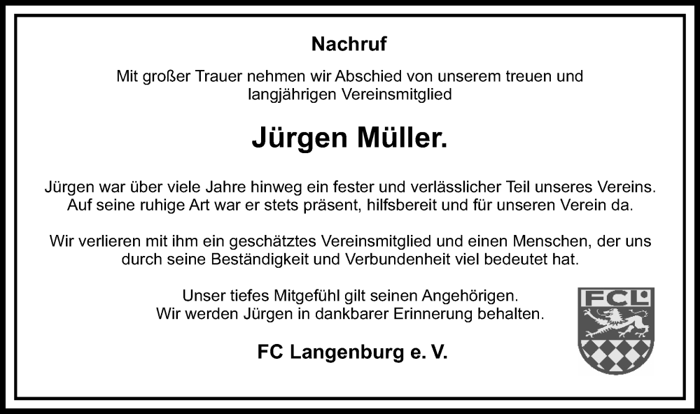  Traueranzeige für Jürgen Müller vom 02.01.2026 aus Hohenloher Tagblatt