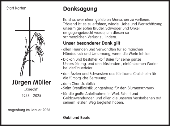 Traueranzeige von Jürgen Müller von Hohenloher Tagblatt