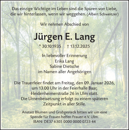 Traueranzeige von Jürgen E. Lang von SÜDWEST PRESSE Ausgabe Ulm/Neu-Ulm