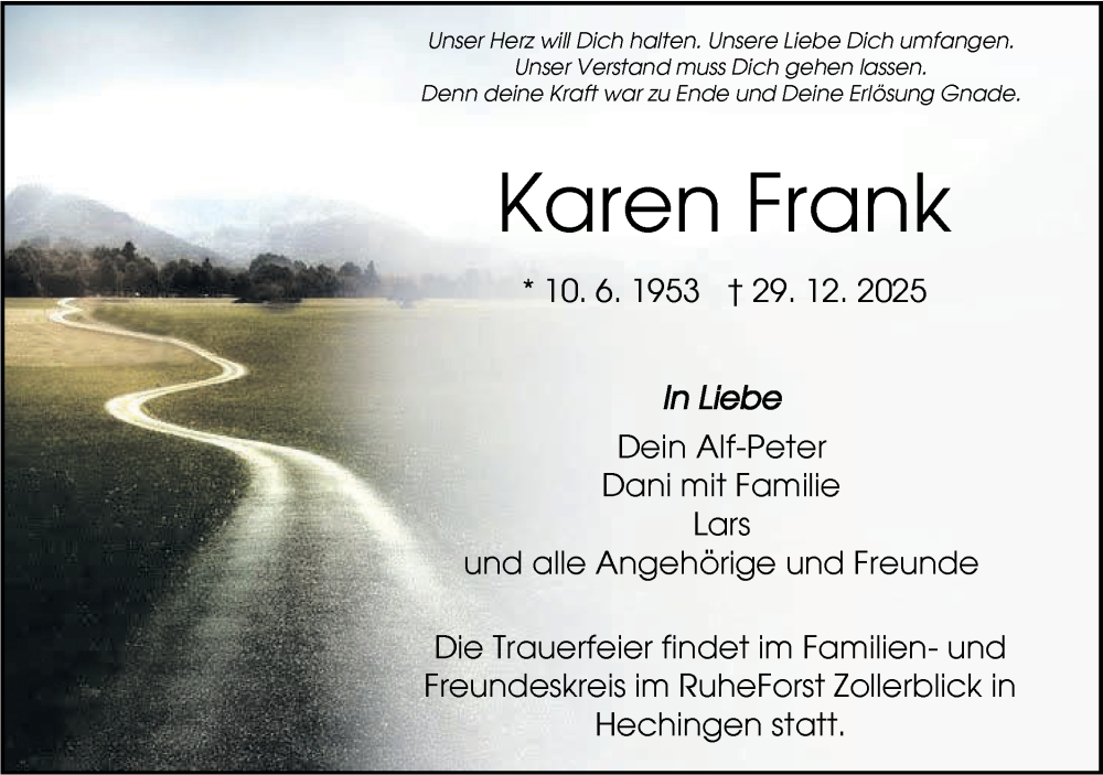  Traueranzeige für Karen Frank vom 14.01.2026 aus SÜDWEST PRESSE Zollernalbkreis/Hohenzollerische Zeitung