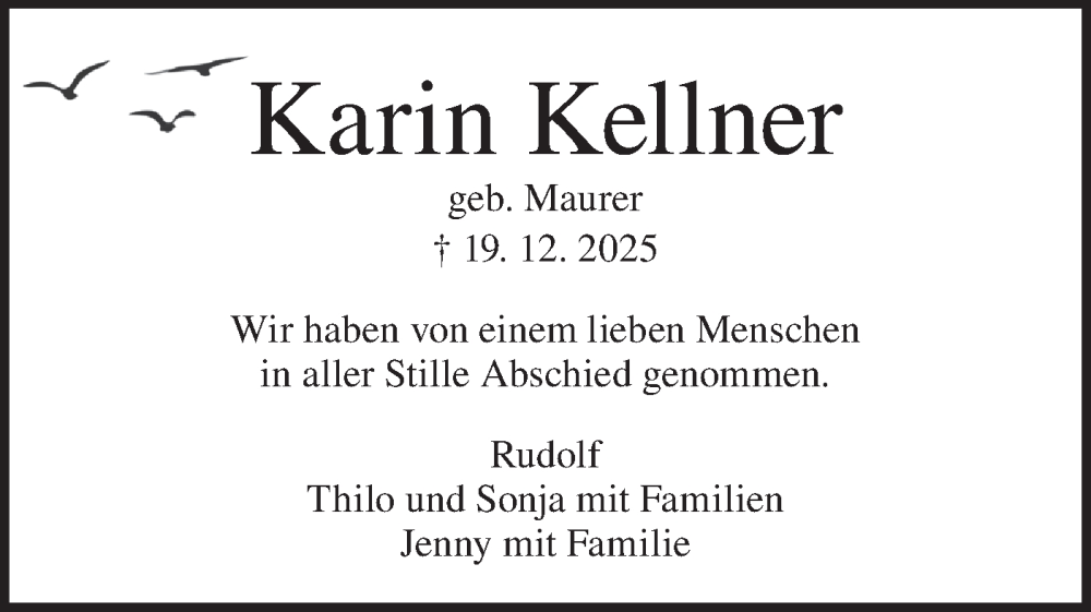  Traueranzeige für Karin Kellner vom 23.01.2026 aus Geislinger Zeitung