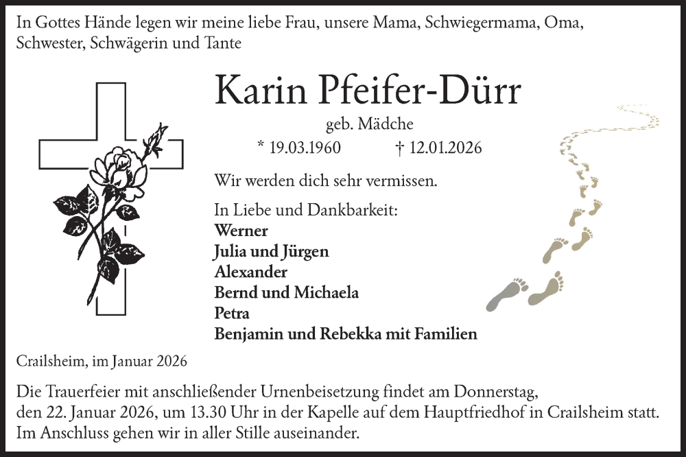 Traueranzeige für Karin Pfeifer-Dürr vom 19.01.2026 aus Hohenloher Tagblatt