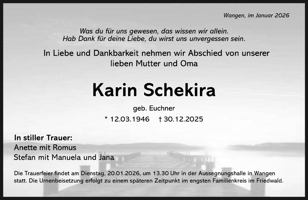  Traueranzeige für Karin Schekira vom 10.01.2026 aus NWZ Neue Württembergische Zeitung