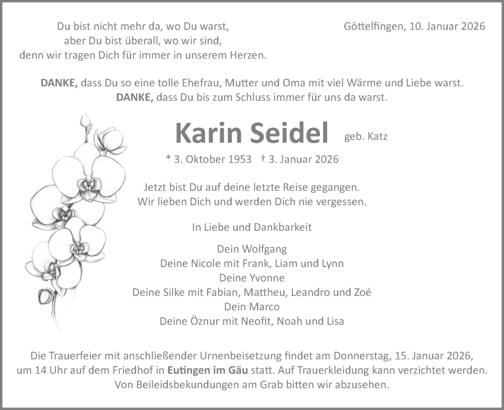  Traueranzeige für Karin Seidel vom 10.01.2026 aus Neckar-Chronik