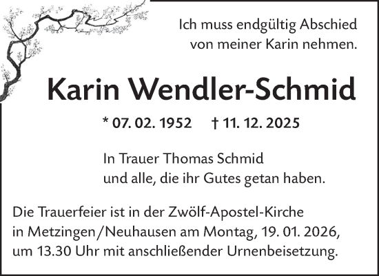 Traueranzeige von Karin Wendler-Schmid von Alb-Bote/Metzinger-Uracher Volksblatt