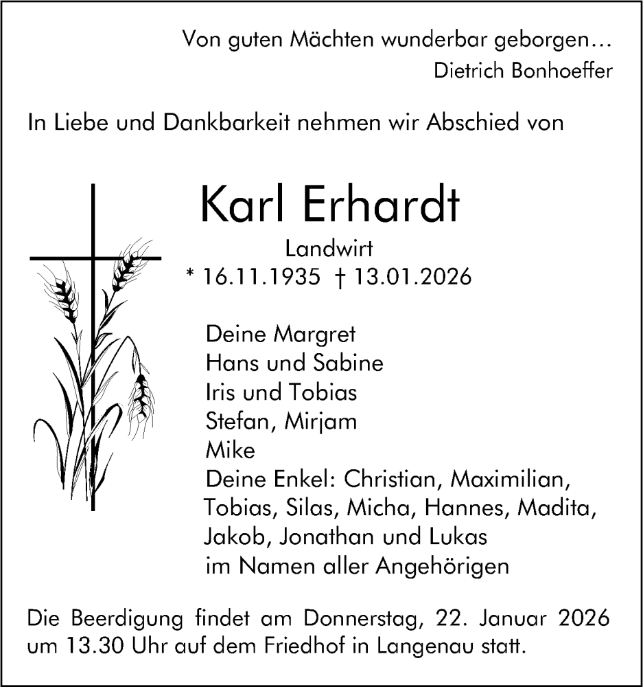  Traueranzeige für Karl Erhardt vom 17.01.2026 aus SÜDWEST PRESSE Ausgabe Ulm/Neu-Ulm