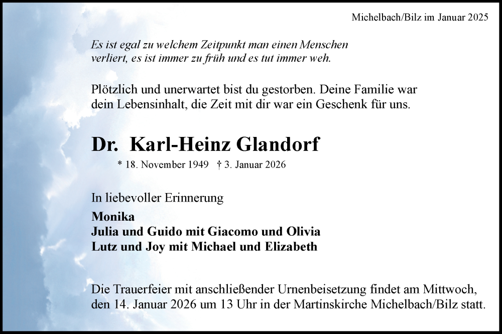  Traueranzeige für Karl-Heinz Glandorf vom 10.01.2026 aus Haller Tagblatt