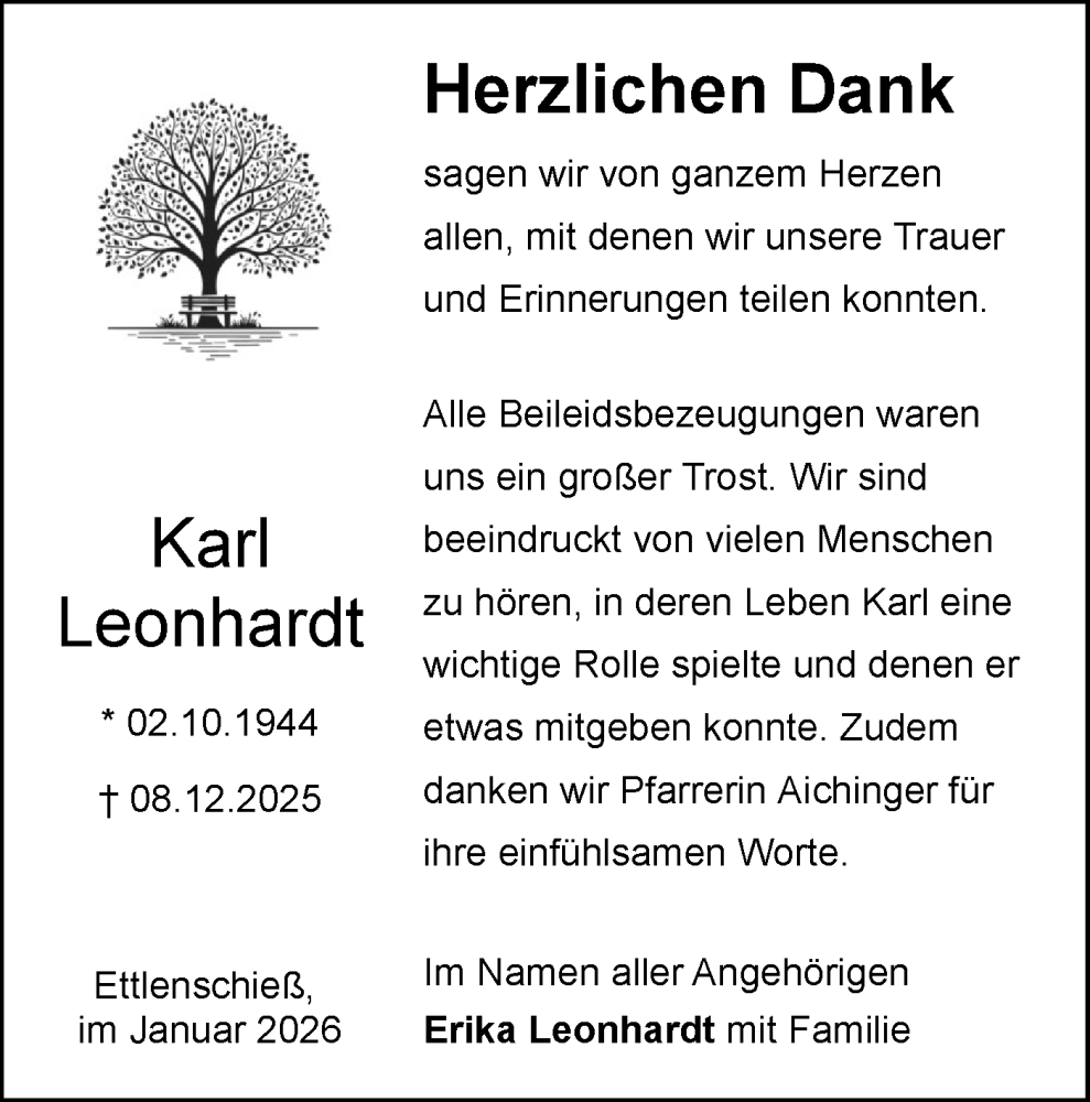  Traueranzeige für Karl Leonhardt vom 14.01.2026 aus SÜDWEST PRESSE Ausgabe Ulm/Neu-Ulm