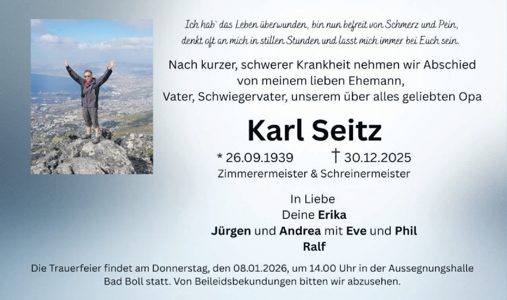  Traueranzeige für Karl Seitz vom 03.01.2026 aus NWZ Neue Württembergische Zeitung