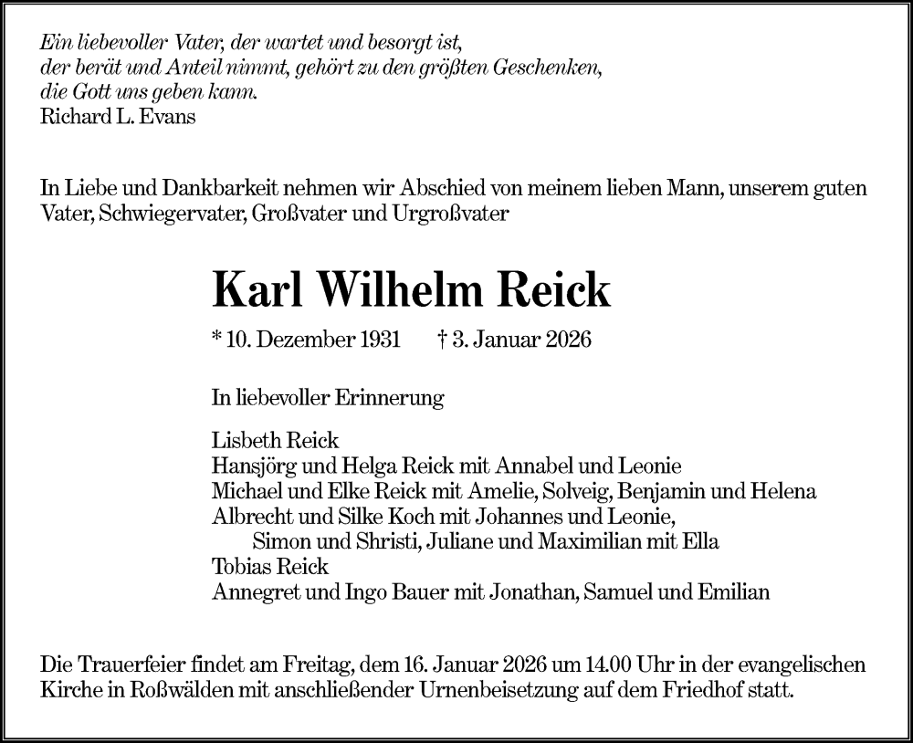 Traueranzeige für Karl Wilhelm Reick vom 09.01.2026 aus NWZ Neue Württembergische Zeitung