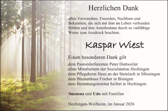 Traueranzeige von Kaspar Wiest von SÜDWEST PRESSE Zollernalbkreis/Hohenzollerische Zeitung