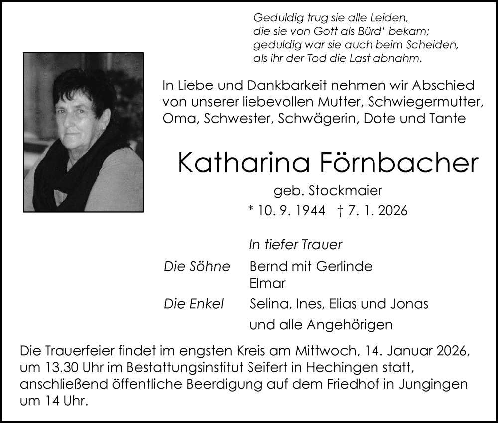  Traueranzeige für Katharina Förnbacher vom 13.01.2026 aus SÜDWEST PRESSE Zollernalbkreis/Hohenzollerische Zeitung