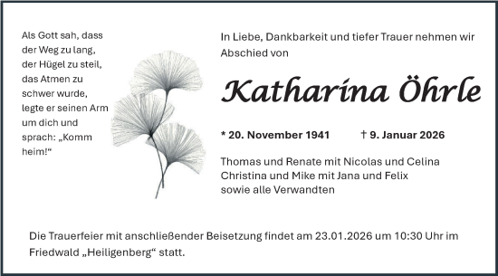 Traueranzeige von Katharina Öhrle von Ehinger Tagblatt