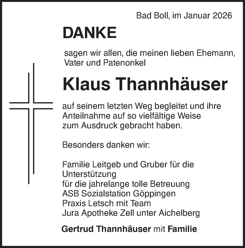  Traueranzeige für Klaus Thannhäuser vom 17.01.2026 aus NWZ Neue Württembergische Zeitung