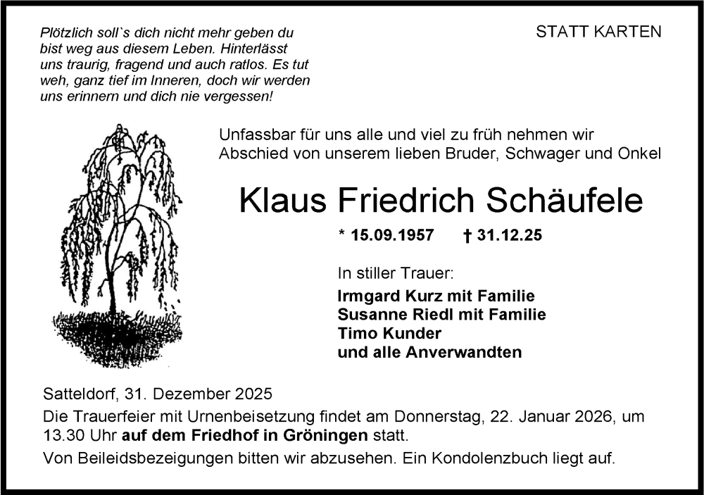  Traueranzeige für Klaus Friedrich Schäufele vom 17.01.2026 aus Hohenloher Tagblatt