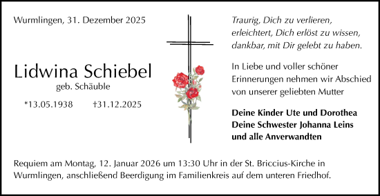 Traueranzeige von Lidwina Schiebel von Schwäbische Tagblatt