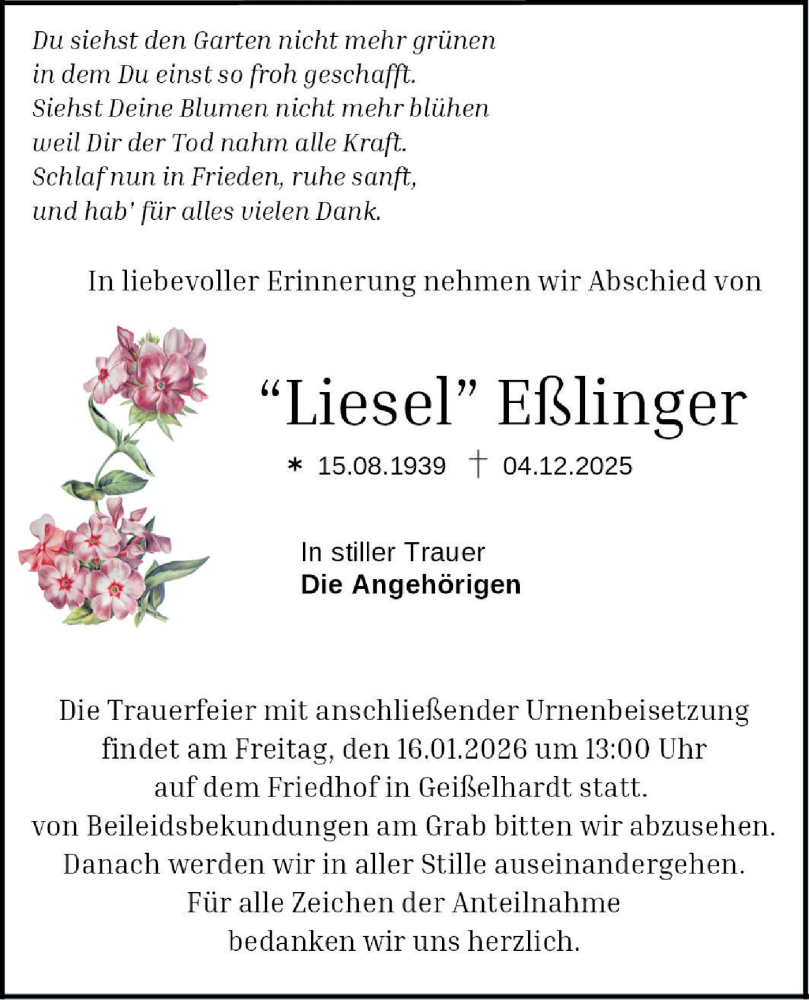  Traueranzeige für Liesel Eßlinger vom 10.01.2026 aus Haller Tagblatt