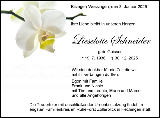Traueranzeige von Lieselotte Schneider von SÜDWEST PRESSE Zollernalbkreis/Hohenzollerische Zeitung