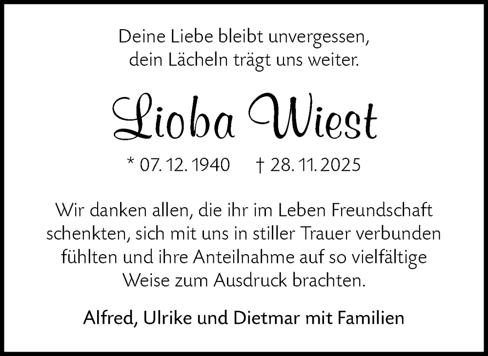  Traueranzeige für Lioba Wiest vom 17.01.2026 aus SÜDWEST PRESSE Zollernalbkreis/Hohenzollerische Zeitung