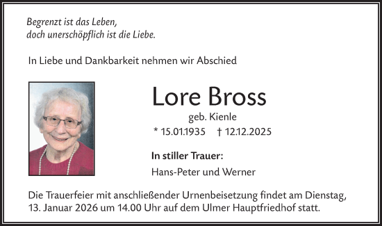 Traueranzeige von Lore Bross von SÜDWEST PRESSE Ausgabe Ulm/Neu-Ulm