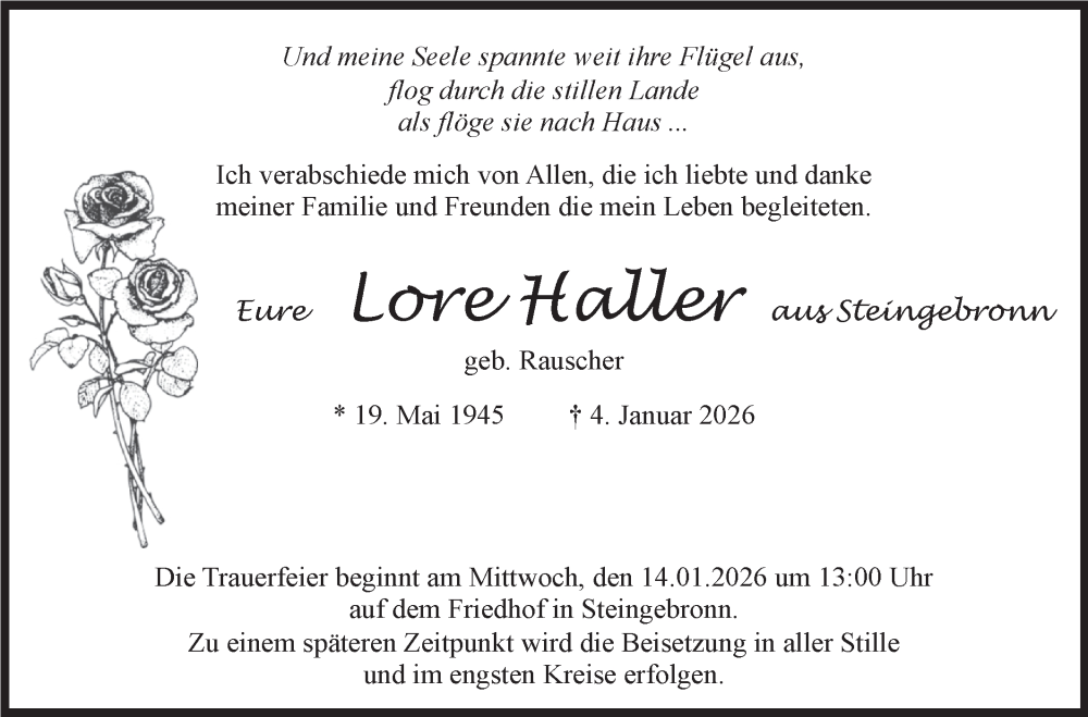  Traueranzeige für Lore Haller vom 10.01.2026 aus Alb-Bote/Metzinger-Uracher Volksblatt