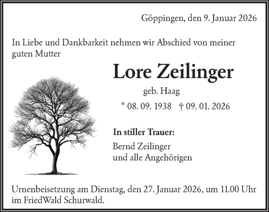 Traueranzeige von Lore Zeilinger von NWZ Neue Württembergische Zeitung