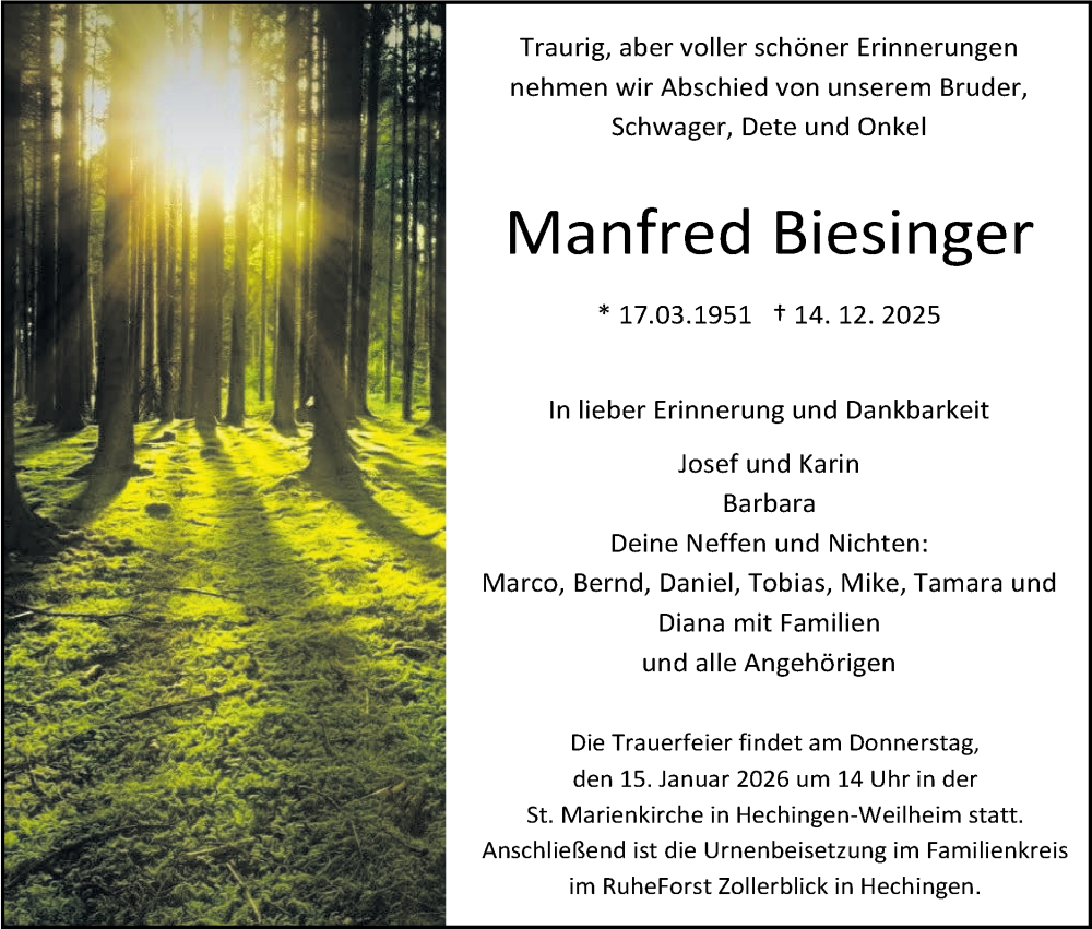  Traueranzeige für Manfred Biesinger vom 10.01.2026 aus SÜDWEST PRESSE Zollernalbkreis/Hohenzollerische Zeitung