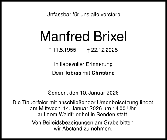 Traueranzeige von Manfred Brixel von SÜDWEST PRESSE Ausgabe Ulm/Neu-Ulm/Neu-Ulmer Zeitung