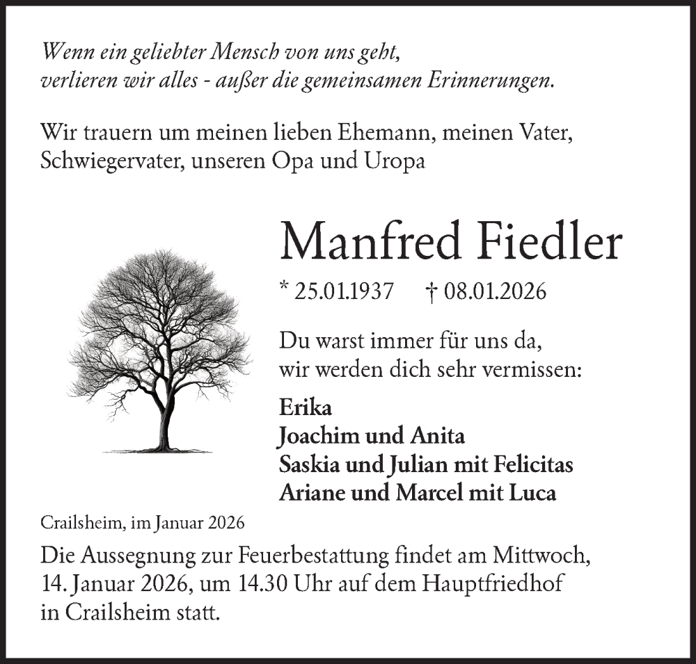  Traueranzeige für Manfred Fiedler vom 12.01.2026 aus Hohenloher Tagblatt