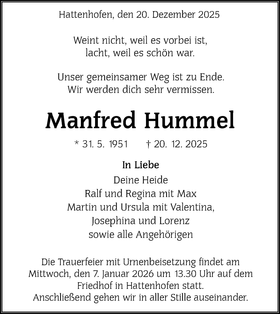  Traueranzeige für Manfred Hummel vom 03.01.2026 aus NWZ Neue Württembergische Zeitung
