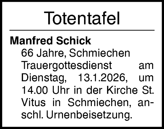Traueranzeige von Manfred Schick von Ehinger Tagblatt