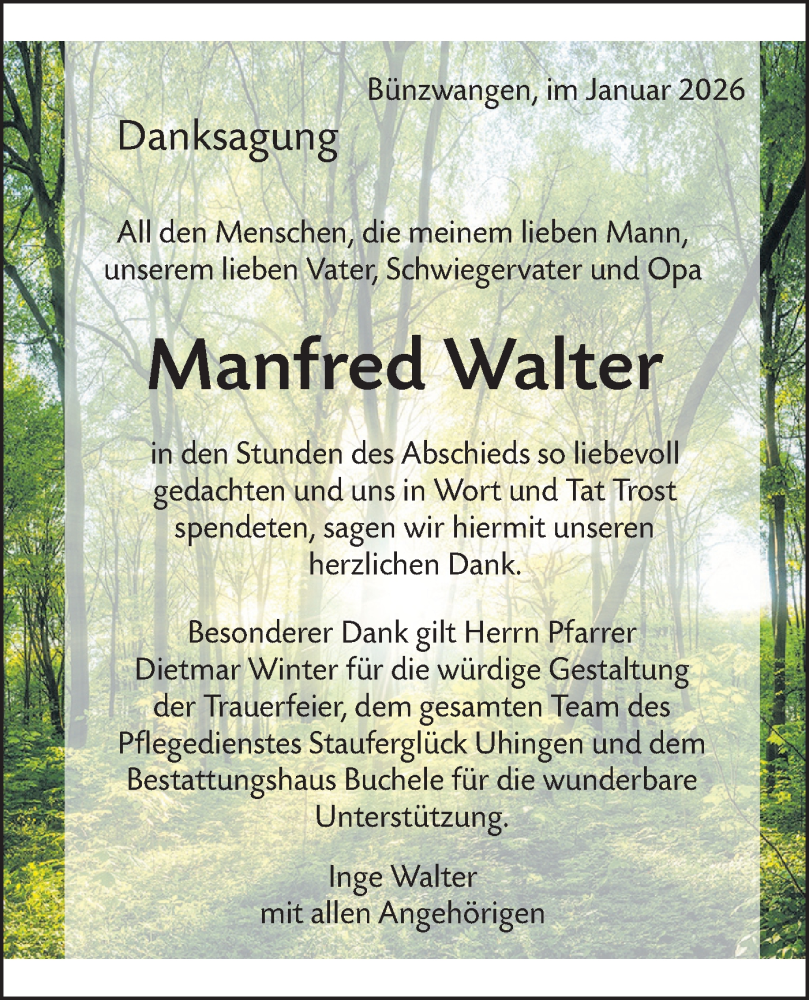  Traueranzeige für Manfred Walter vom 03.01.2026 aus NWZ Neue Württembergische Zeitung