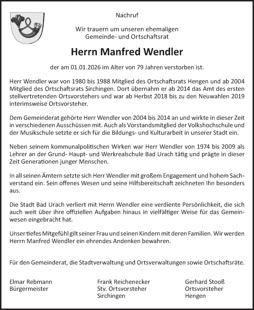 Traueranzeige für Manfred Wendler vom 08.01.2026 aus Alb-Bote/Metzinger-Uracher Volksblatt