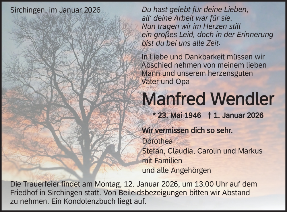  Traueranzeige für Manfred Wendler vom 08.01.2026 aus Alb-Bote/Metzinger-Uracher Volksblatt