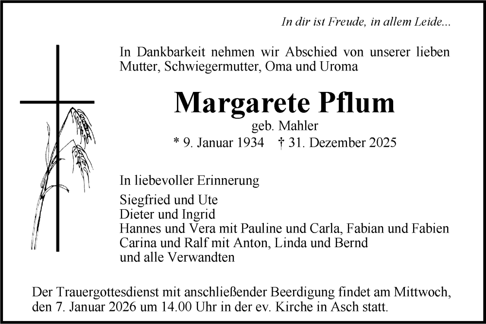  Traueranzeige für Margarete Pflum vom 03.01.2026 aus SÜDWEST PRESSE Ausgabe Ulm/Neu-Ulm